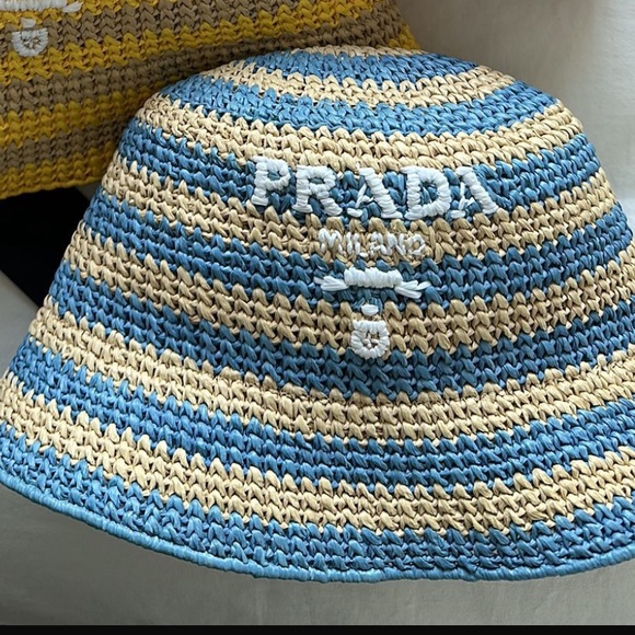 Prada | Logo striped raffia bucket hat - Picture 3 of 5